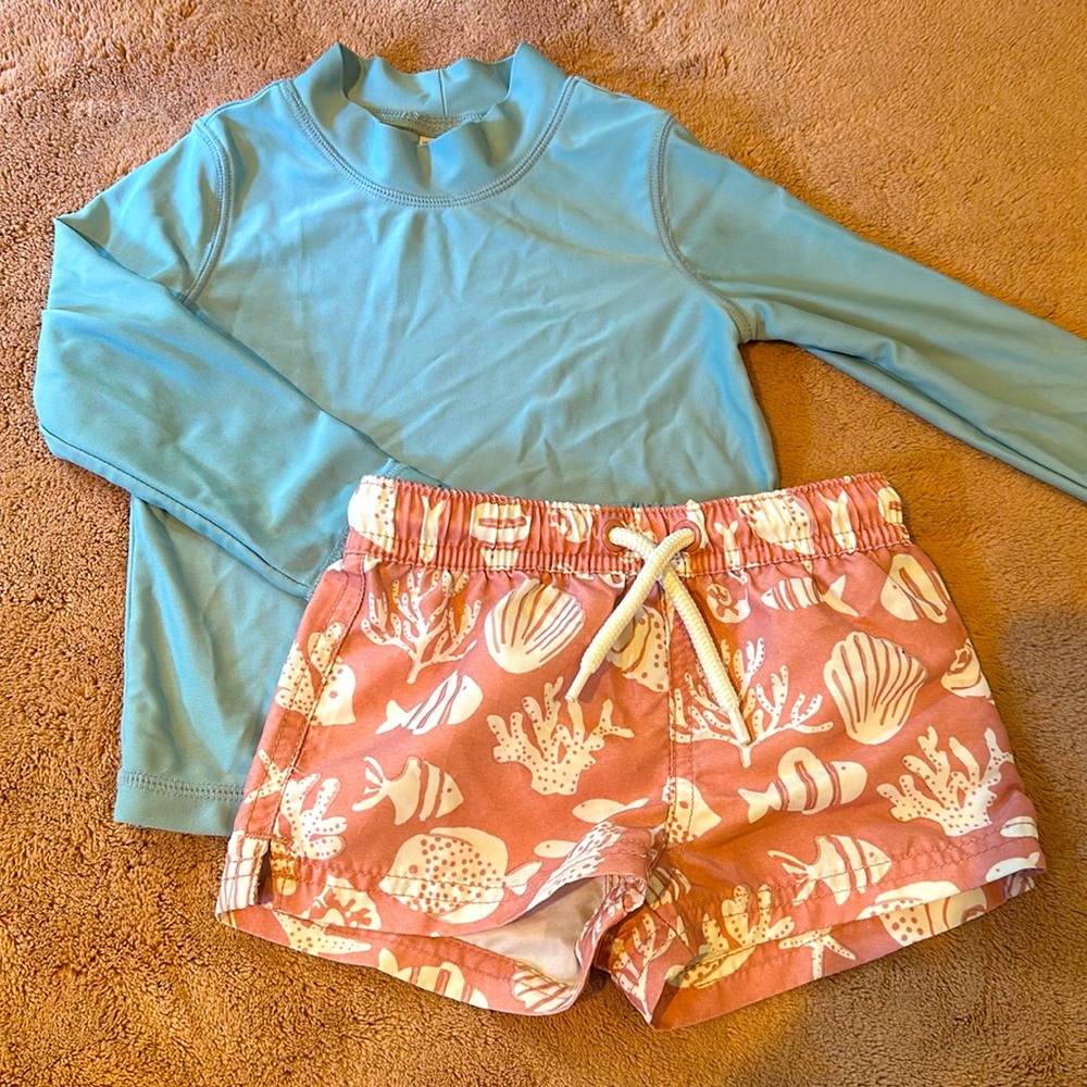 Little Planet (Carters) rash guard and swim trunks.